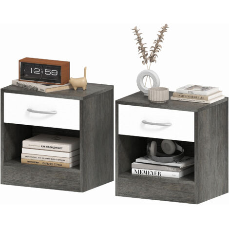 Ensemble de 2 tables de chevet modernes avec étagère ouverte et tiroir, en bois, 39 x 28 x 41 cm, blanc et gris foncé.