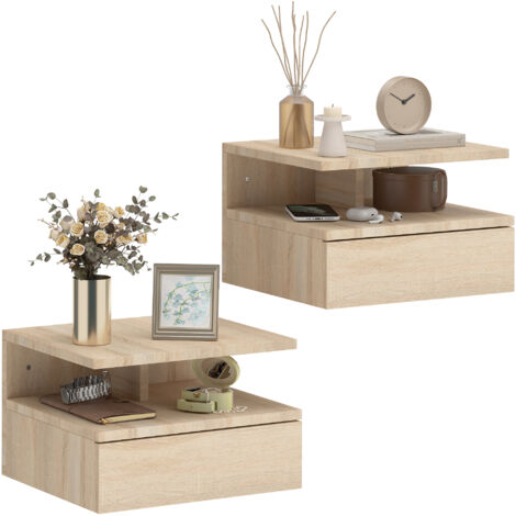 Ensemble de 2 tables de chevet murales, tables de chevet suspendues avec tiroir et étagère ouverte, 35 x 32 x 22,5 cm, chêne
