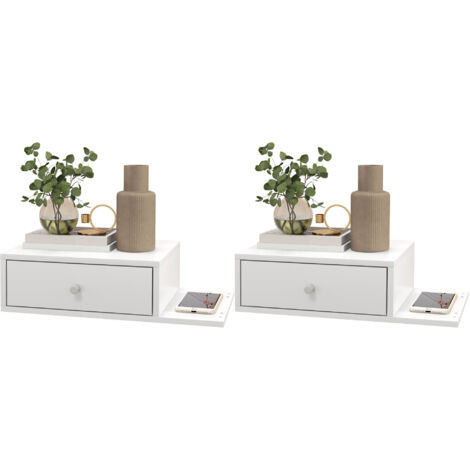Ensemble de 2 tables de chevet murales，étagère latérale et tiroir，55 cm (L) x 30 cm (P) x 15 cm (H)，MDF blanc