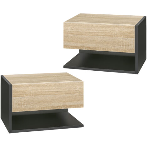Ensemble de 2 tables de chevet suspendues, avec 1 tiroir et une étagère ouverte, 46 x 30 x 30 cm, chêne et noir
