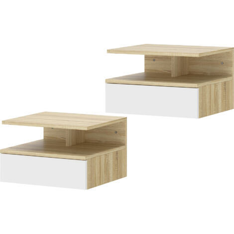 Ensemble de 2 tables de chevet suspendues avec tiroir, fixation murale, 35 x 32 x 22,5 cm, chêne et blanc