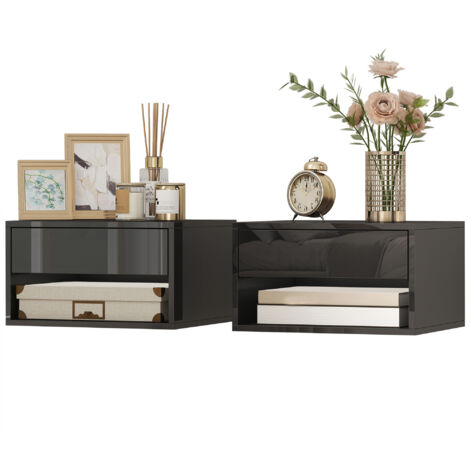 Ensemble de 2 tables de chevet suspendues avec tiroir pour chambre à coucher, 37 x 32 x 21 cm, noir brillant