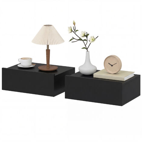 Ensemble de 2 tables de chevet suspendues modernes avec tiroir en bois, 40 x 30 x 15 cm, noires