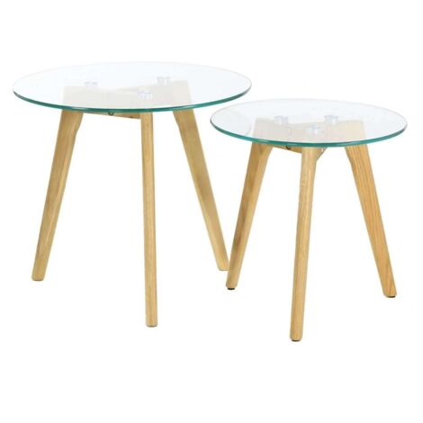 Ensemble de 2 tables gigognes rondes en verre et bois