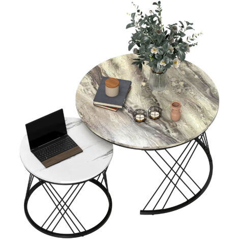 Ensemble de 2 tables gigognes rondes pour salon, avec plateau en marbre gris et blanc.