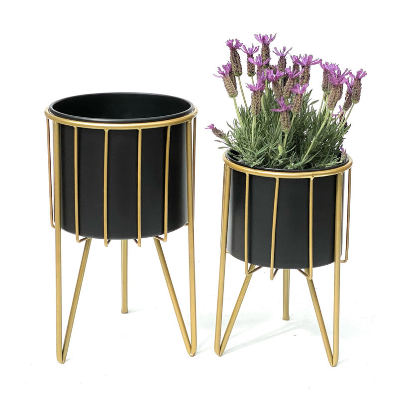 Tabouret de fleur avec pot Métal Or Noir Rond Set de 2 Tabourets de fleur 96039 Colonne de fleur Moderne Support de plante Tabouret de plante