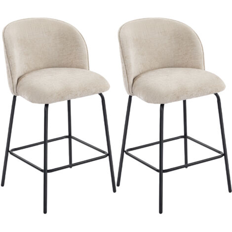 Ensemble de 2 tabourets de bar avec dossier et repose-pieds, chaises rembourrées avec pieds en acier pour l’îlot de cuisine, la salle à manger, beige