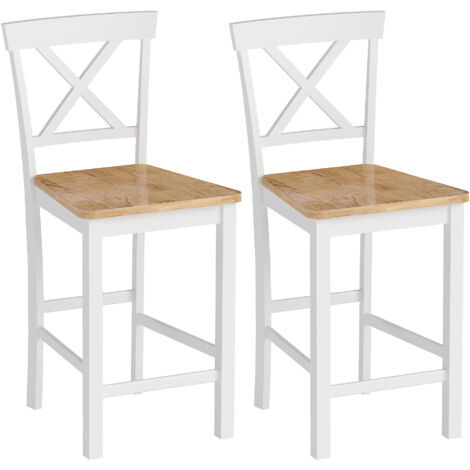 Ensemble de 2 tabourets de bar avec dossier et repose-pieds, en bois d'hévéa, pour cuisine, salle à manger, bar, chêne et blanc