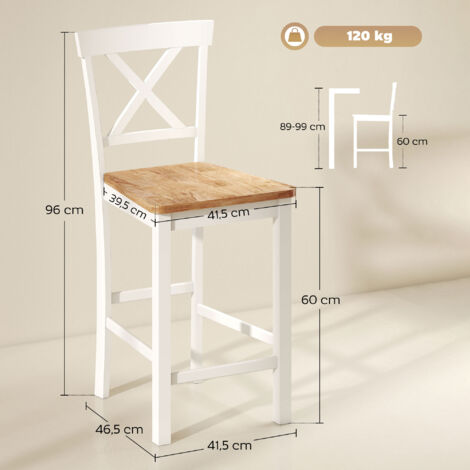 Ensemble de 2 tabourets de bar avec dossier et repose-pieds, en bois d'hévéa, pour cuisine, salle à manger, bar, chêne et blanc