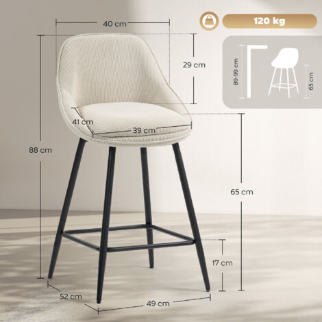 Ensemble de 2 tabourets de bar avec revêtement en velours côtelé et pieds en acier, chaises rembourrées pour îlot de cuisine, salle à manger, couleur crème