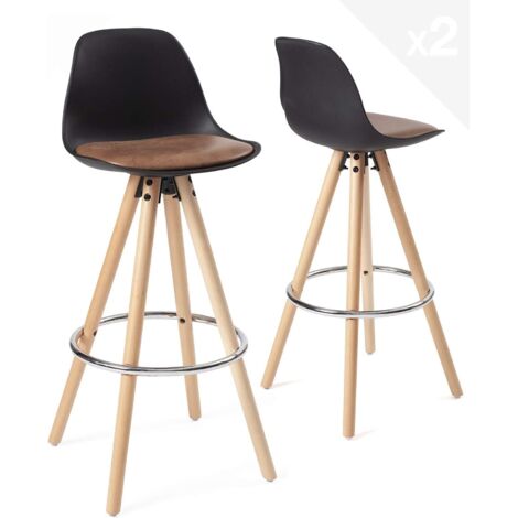 Ensemble de 2 tabourets de bar de cuisine scandinaves, hauteur d'assise 75 cm avec dossier et coussin intégré en similicuir, pieds en bois de hêtre, repose-pieds chromé Sana (noir et marron)