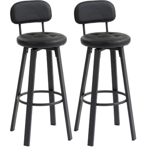 Ensemble de 2 tabourets de bar, housse en faux cuir, siège rembourré, repose-pieds, dossier, cadre métallique, noir