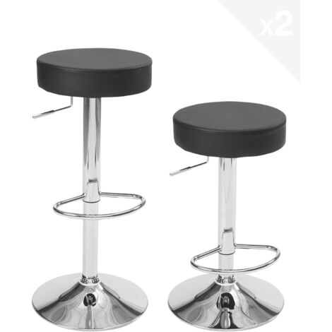 Ensemble de 2 tabourets de bar ronds en similicuir sans dossier, hauteur réglable, repose-pieds, pivotants à 360°, pieds chromés YO (noir)