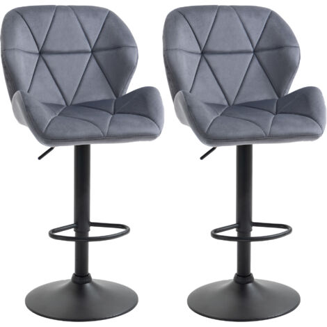 Ensemble de 2 tabourets de bar velours métallique réglables, pivotants avec dossier et repose-pieds, pour cuisine design, 51,5x57,5x93-114,5 cm, gris