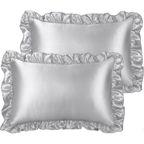 Ensemble de 2 taies d'oreiller à volants de luxe, housse d'oreiller rétro en satin soyeux avec volant, taies d'oreiller en satin 85 g/m² avec fermeture portefeuille - Standard - Argent