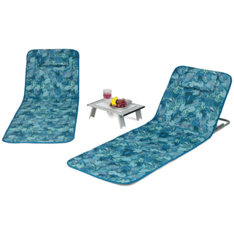 Ensemble de 2 tapis de plage avec table dappoint oreiller et compartiment de rangement tapis de chaise longue avec dossier reglable bleu turquoise