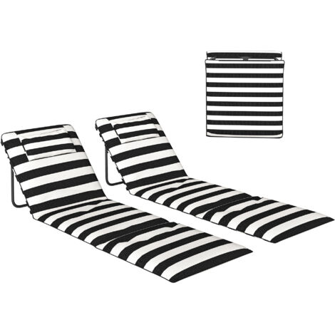 Ensemble de 2 tapis de plage pliants avec appuie-tête rembourré de dossier ajustable 150x50x2 cm gris et blanc