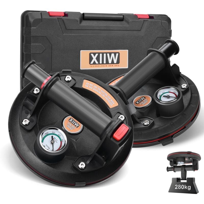 Xiiw - Ensemble de 2 ventouses de 8 pouces avec manomètre jusqu'à 280 kg, lève-vitre à vide avec boîte à outils portable, support de ventouse pour