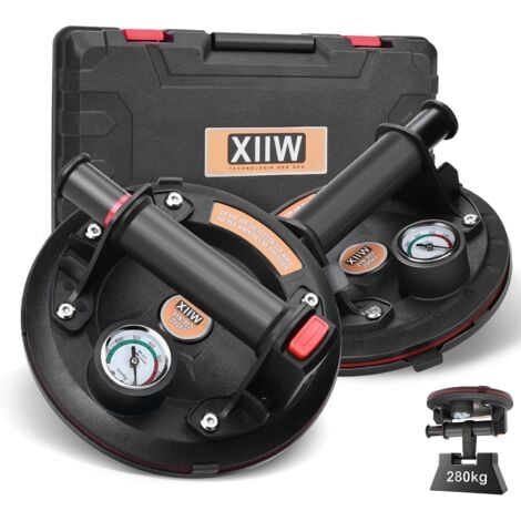 XIIW Ensemble de 2 ventouses de 8 pouces avec manomètre jusqu'à 280 kg, lève-vitre à vide avec boîte à outils portable, support de ventouse pour verre, lève-plaques pour stratifiés, carreaux, verre, métaux