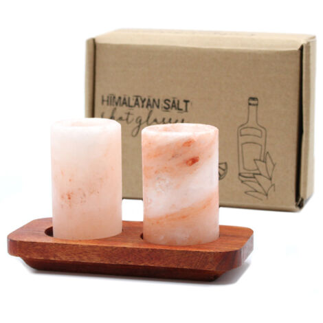Ensemble de 2 verres à shot au sel de l'Himalaya et support de service en bois- Vendu par 1