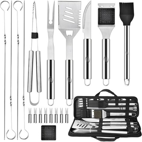 Ensemble de 20 accessoires pour barbecue, comprenant un thermomètre à viande, un étui et un tablier.