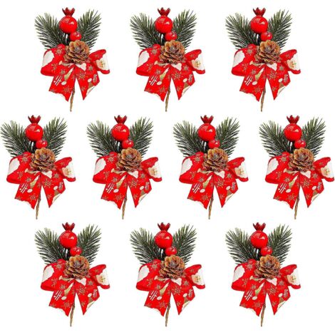 Ensemble de 20 aiguilles de pin artificielles avec pommes de pin rouges et tiges ornées d'un nœud pour la décoration du sapin de Noël
