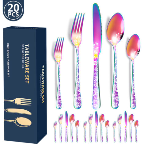 Ensemble de 20 couverts en acier inoxydable, format pour 4 personnes, multicolore