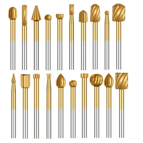 Ensemble de 20 limes rotatives en acier rapide plaqué titane - Meuleuse électrique, couteau à sculpter le bois, tête de meulage, fraise, collection d'outils pour le travail du bois et du métal, la scu