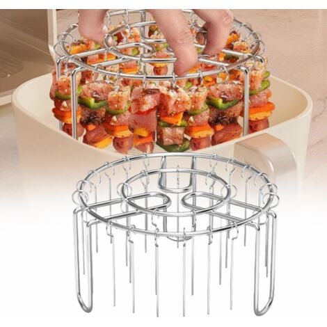 Ensemble de 24 accessoires de cuisson pour friteuse à air chaud : grilles rondes de 16,5 cm et brochettes verticales, acier inoxydable 304, avec crochets pour une utilisation polyvalente.