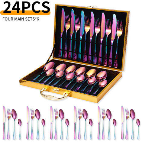 Ensemble de 24 couverts en acier inoxydable – service pour 6 personnes – avec coffret – acier inoxydable – multicolore
