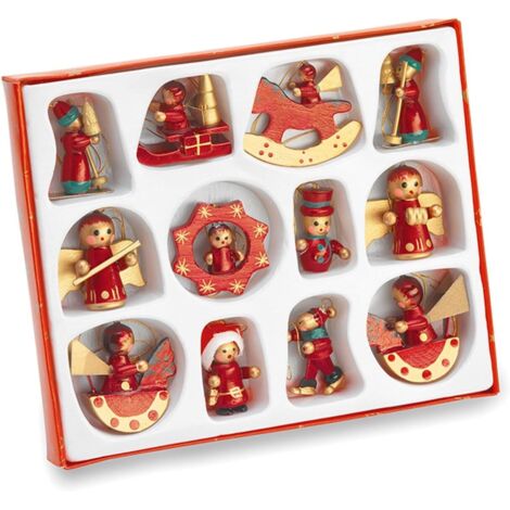 Ensemble de 24 décorations de Noël en bois, peintes à la main et de couleur rouge différente.