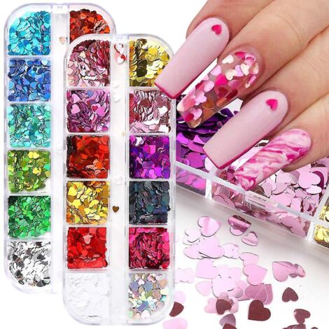 Ensemble de 24 paillettes holographiques en forme de cœur pour ongles - Décalcomanies laser 3D en forme de cœur, paillettes ultra-fines - Accessoire de nail art