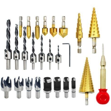Ensemble de 26 forets à fraiser, outils de forage pour le travail du bois, y compris 8 coupe-bouchons à bois, foret à trois pointes avec clé en L, 6 forets à fraiser, foret à 3 étapes pour le bricolag