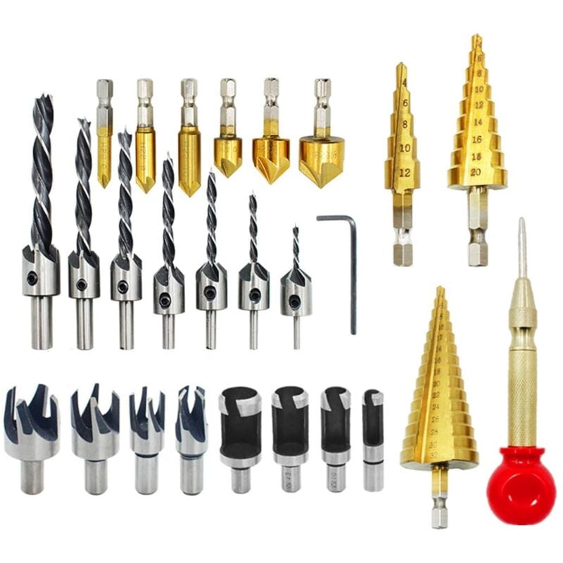 Ensemble de 26 forets à fraiser, outils de forage pour le travail du bois, y compris 8 coupe-bouchons à bois, foret à trois pointes avec clé en l, 6