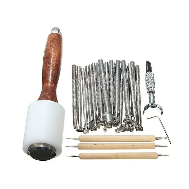 Fei Yu - Ensemble de 27 outils d'artisanat du cuir, marteau de sculpture sur cuir en bois et acier, outils d'impression, kit d'artisanat de couture