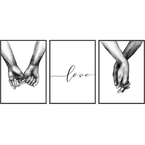 Ensemble de 3 affiches en noir et blanc représentant des personnes se tenant la main et une citation d'amour