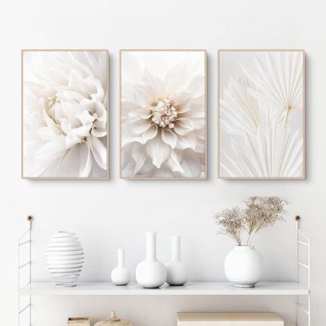 Ensemble de 3 affiches, images de fleurs de roses blanches, images sur toile modernes, sans cadre, images murales
