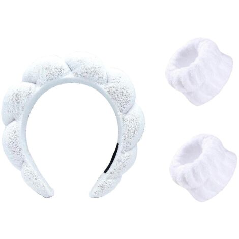 Ensemble de 3 bandeaux de spa avec serviettes pour les poignets, chouchous/bandeaux pour se laver le visage, bandeaux de soin pour la peau W-White-
