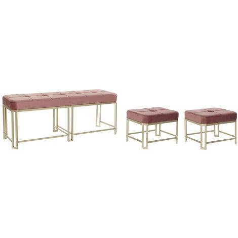 Ensemble de 3 banquettes / Coffres en métal et velours coloris rose -PEGANE-