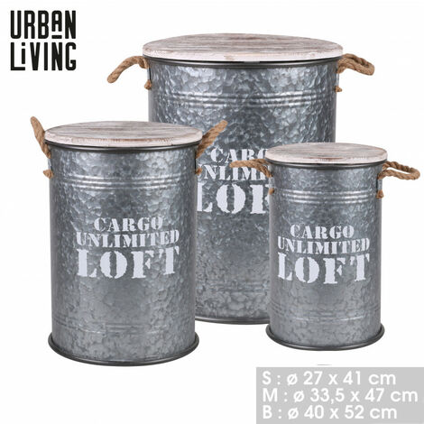 Ensemble de 3 bidons style vintage LOFT & MÉTAL imprimé blanc - Métal, bois et corde - Bois, Argenté - 3 tailles - Livraison gratuite