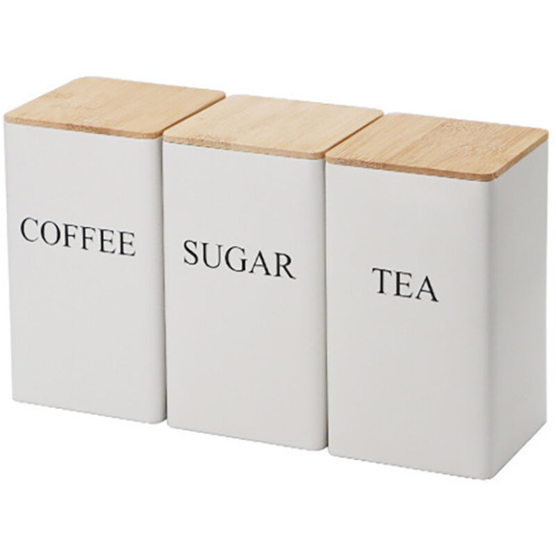 Ensemble de 3 bocaux hermétiques – Café, Thé, Sucre – Couvercle en bambou – Blanc –
