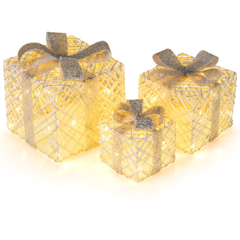 Ensemble de 3 Boîtes Cadeaux Illuminées de Noël, Boîtes de Présent Pré-éclairées avec 50 LED, Décorations de Noël Nœuds Détachables et Cristaux