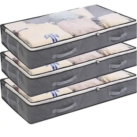 Ensemble de 3 boîtes de rangement pliables à glisser sous le lit, 75 litres, grands conteneurs de rangement avec fenêtre de visualisation et poignée