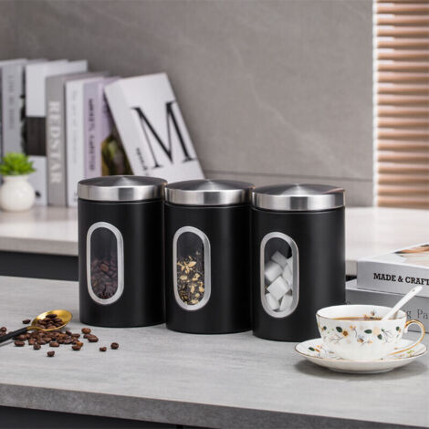 Ensemble de 3 boîtes de rangement pour thé, café et sucre, en métal noir.