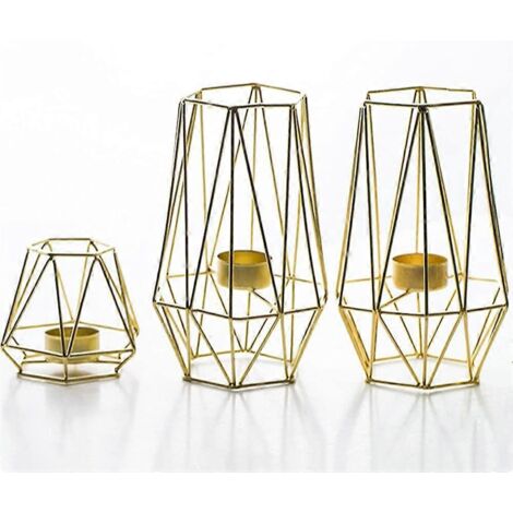 Ensemble de 3 bougeoirs dorés (2 grands + 1 petit), bougeoirs géométriques en métal ajouré, fer moderne