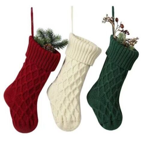 Ensemble de 3 chaussettes de Noël personnalisées, 37 cm de hauteur, décorations de Noël tricotées, bordeaux, vert, blanc
