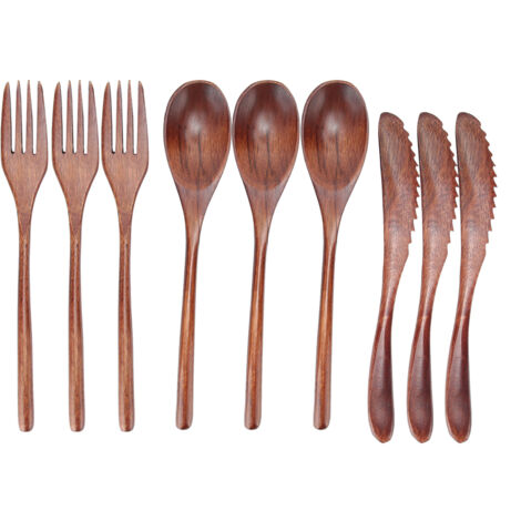 Ensemble de 3 couverts en bois : fourchette, cuillère, couteau pour cuisine maison, café ou restaurant