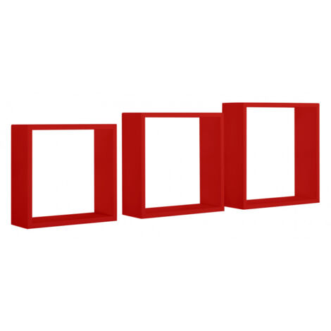 Ensemble de 3 étagères murales décoratives cubiques, rouges, 30x30x10cm, 27x27x10cm et 24x24x10cm - Incubo Slim