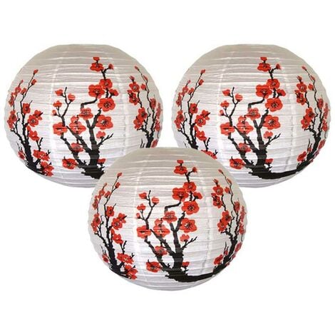 Ensemble de 3 Fleurs(Cerise)Sakura Rouge Lanterne En Papier Japonais/Chinoise de Couleur blanc/Lampe de 16 Pouces de Diametre, Ensemble de 3