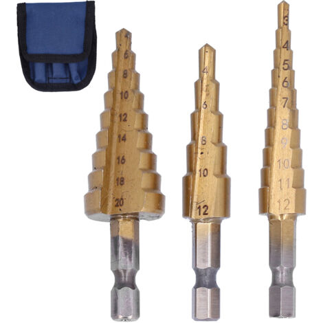 Ensemble de 3 Forets Échelon HSS à Tige Hexagonale et Gaine de Rangement